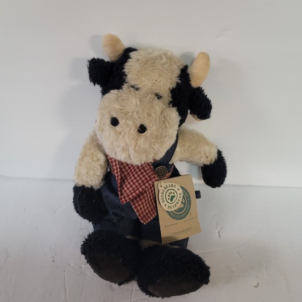 Boyds Bears Plush Angus Macmoo 11” Holstein Cow in Denim Coveralls